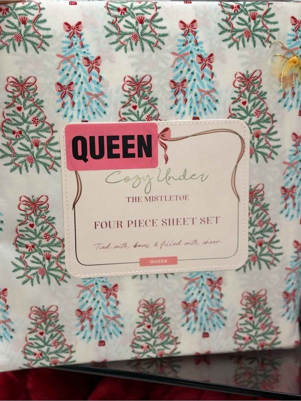 Queen Coquette Trees Four Piece Sheet Set in White & Red NWT